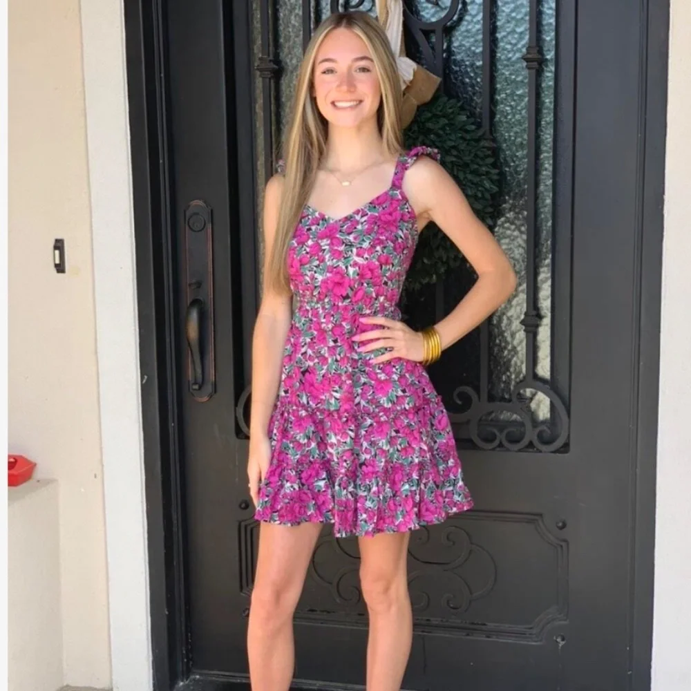 Floral Print Mini Dress Ruffle Detail Tie Back Fuchsia Green White - Picture 8 of 16